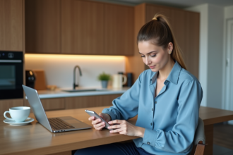 Jeune femme utilisant une application bancaire sur smartphone à la maison