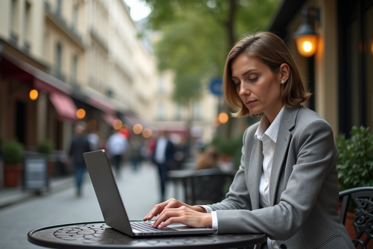 Femme analysant des graphiques boursiers en extérieur