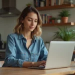 Femme travaillant sur un laptop dans une cuisine lumineuse