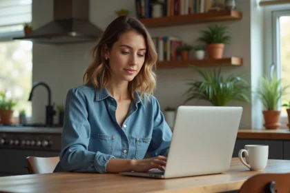 Femme travaillant sur un laptop dans une cuisine lumineuse
