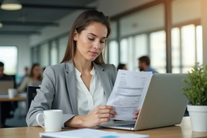 Femme en bureau consultant sa fiche de paie de 2800 euros brut, illustrant la question du pouvoir d'achat en France en 2026