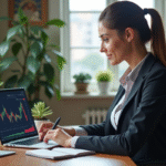 Femme confiante en bureau moderne avec graphiques financiers