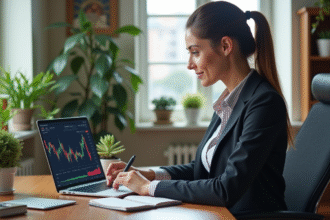 Femme confiante en bureau moderne avec graphiques financiers