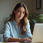 Femme en bureau à domicile regardant son ordinateur