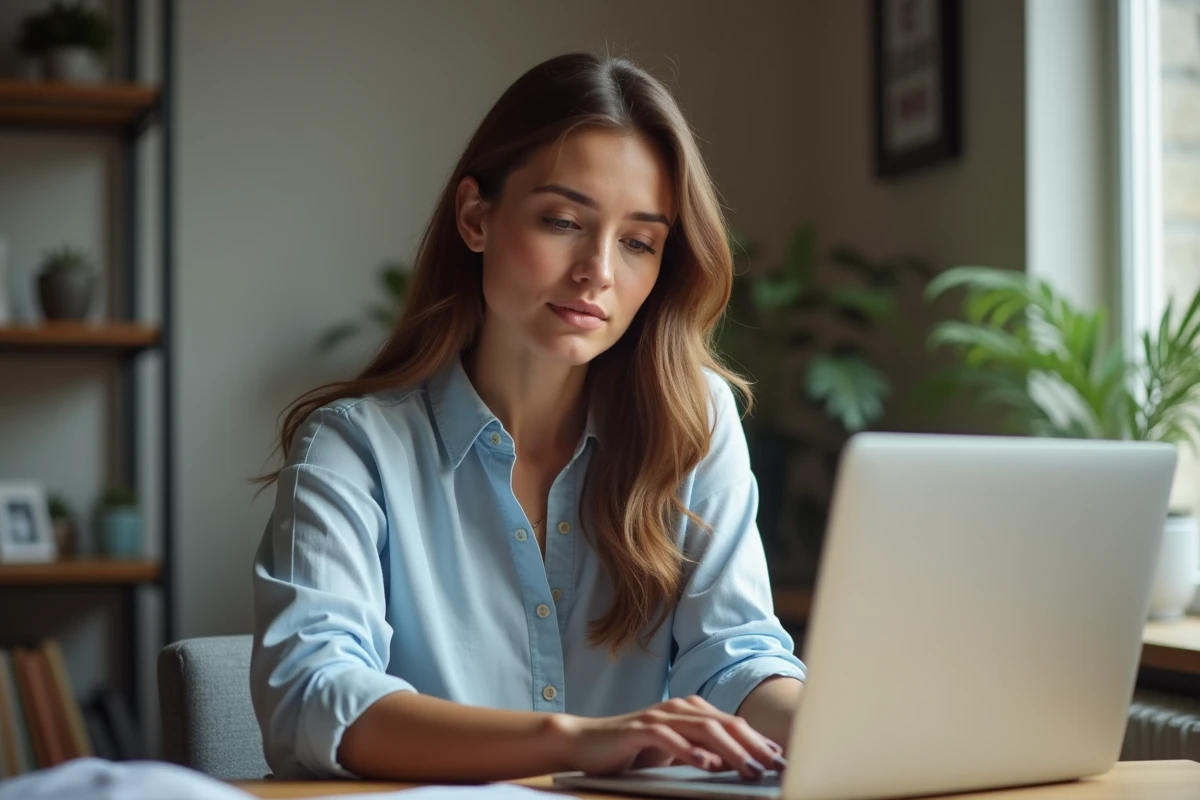 Femme en bureau à domicile regardant son ordinateur