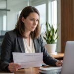 Femme d affaires au bureau consulte des factures électroniques
