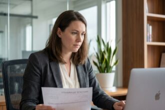 Femme d affaires au bureau consulte des factures électroniques
