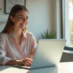 Jeune femme souriante au bureau utilisant son ordinateur pour gérer ses assurances