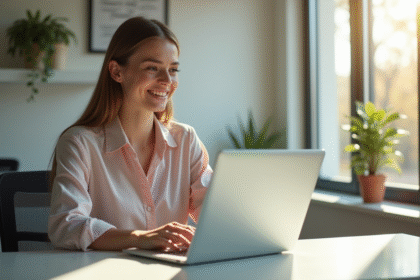 Jeune femme souriante au bureau utilisant son ordinateur pour gérer ses assurances