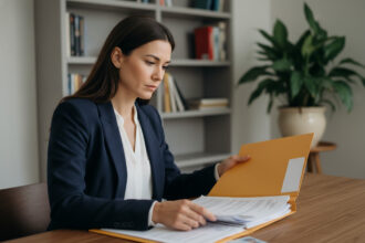 Femme en bureau moderne organise des papiers importants