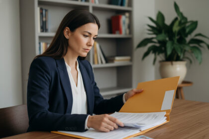 Femme en bureau moderne organise des papiers importants