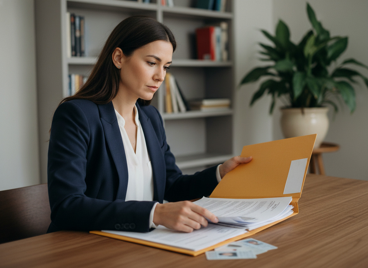 Femme en bureau moderne organise des papiers importants