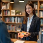 Jeune femme souriante donnant un bon cadeau en librairie