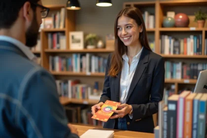 Jeune femme souriante donnant un bon cadeau en librairie