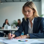 Femme cadre analysant des courbes de salaire sur des documents imprimés dans un bureau moderne en France