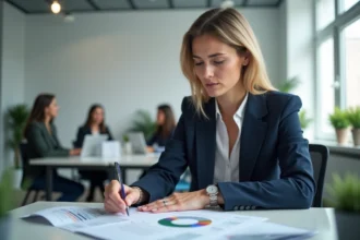 Femme cadre analysant des courbes de salaire sur des documents imprimés dans un bureau moderne en France
