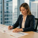 Femme cadre analysant des documents financiers liés aux SCPI de rendement dans un bureau moderne