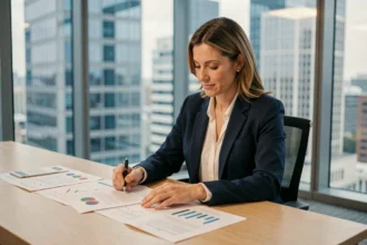 Femme cadre analysant des documents financiers liés aux SCPI de rendement dans un bureau moderne