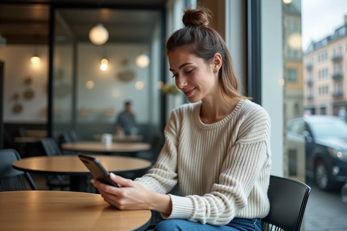Jeune femme utilisant son smartphone dans un café moderne