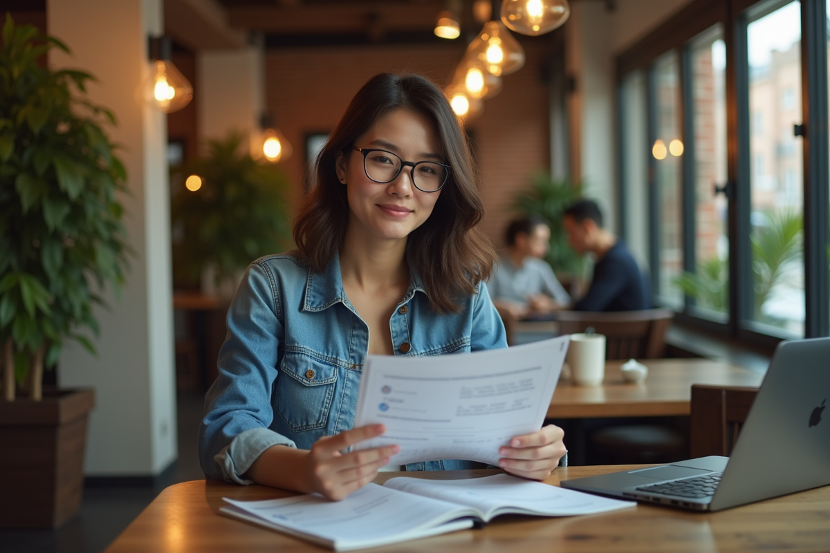 Jeune femme au cafe examine brochures d