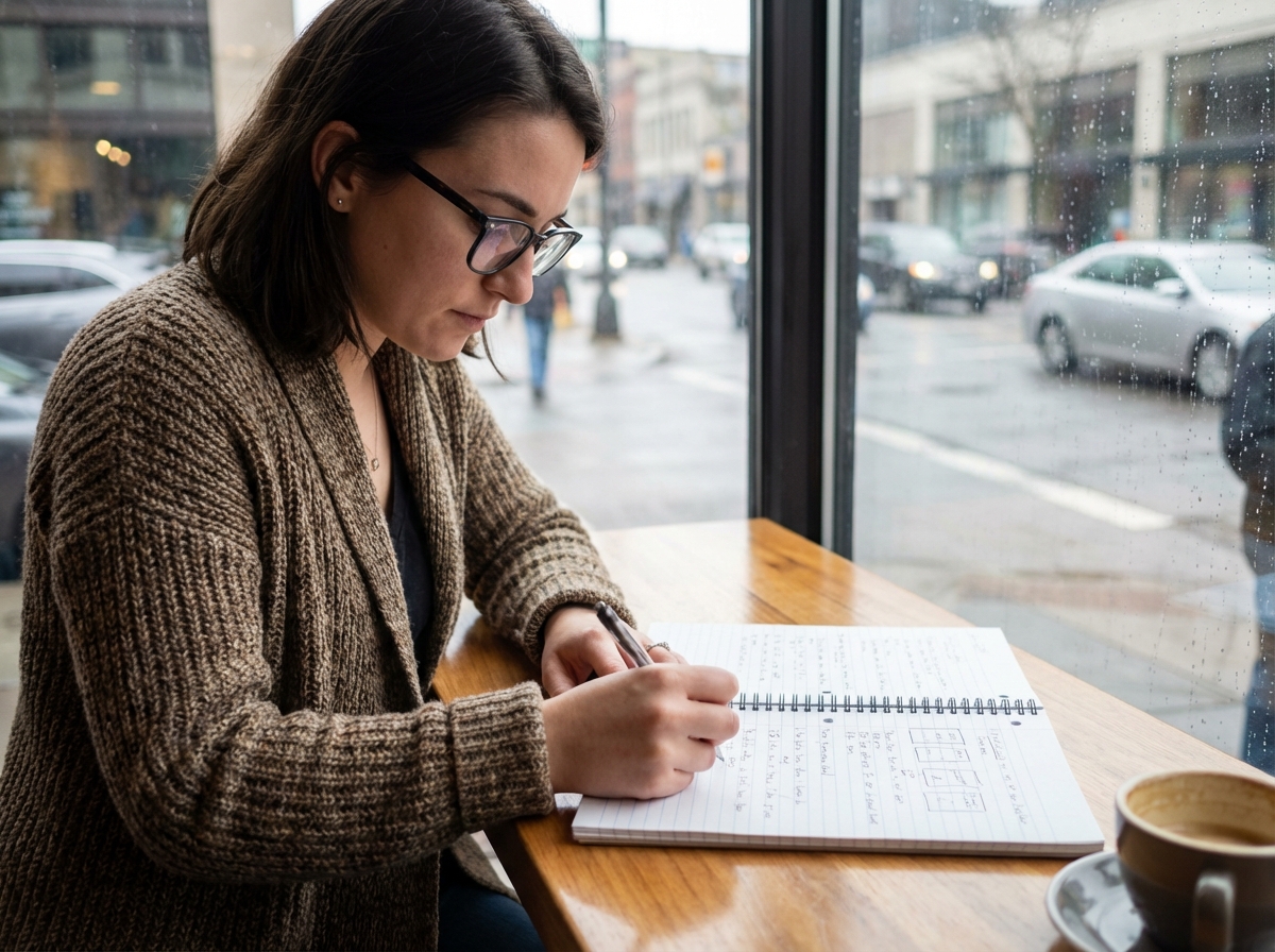 Jeune femme prenant des notes dans un café urbain