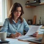 Femme consultant des documents administratifs sur la prime d'activité à son domicile