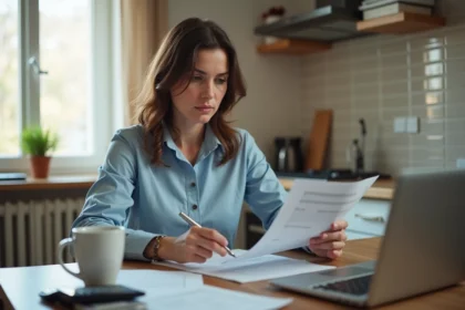 Femme consultant des documents administratifs sur la prime d'activité à son domicile