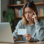 Femme tenant une carte ticket restaurant Bimpli face à un ordinateur portable affichant une erreur de paiement sur Amazon
