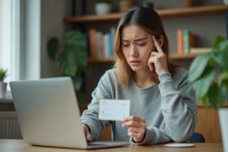 Femme tenant une carte ticket restaurant Bimpli face à un ordinateur portable affichant une erreur de paiement sur Amazon
