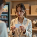 Femme tenant une carte cadeau Cadhoc dans un magasin partenaire