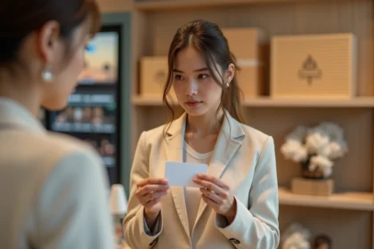 Femme tenant une carte cadeau Cadhoc dans un magasin partenaire
