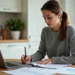 Femme comparant des avis d'assurances Pacifica, Maaf, Groupama et Axa sur ordinateur portable avec documents papier