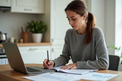 Femme comparant des avis d'assurances Pacifica, Maaf, Groupama et Axa sur ordinateur portable avec documents papier