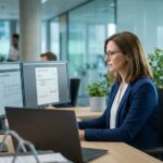 Femme comptable en entreprise consultant des factures électroniques sur un double écran de bureau