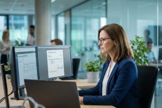 Femme comptable en entreprise consultant des factures électroniques sur un double écran de bureau