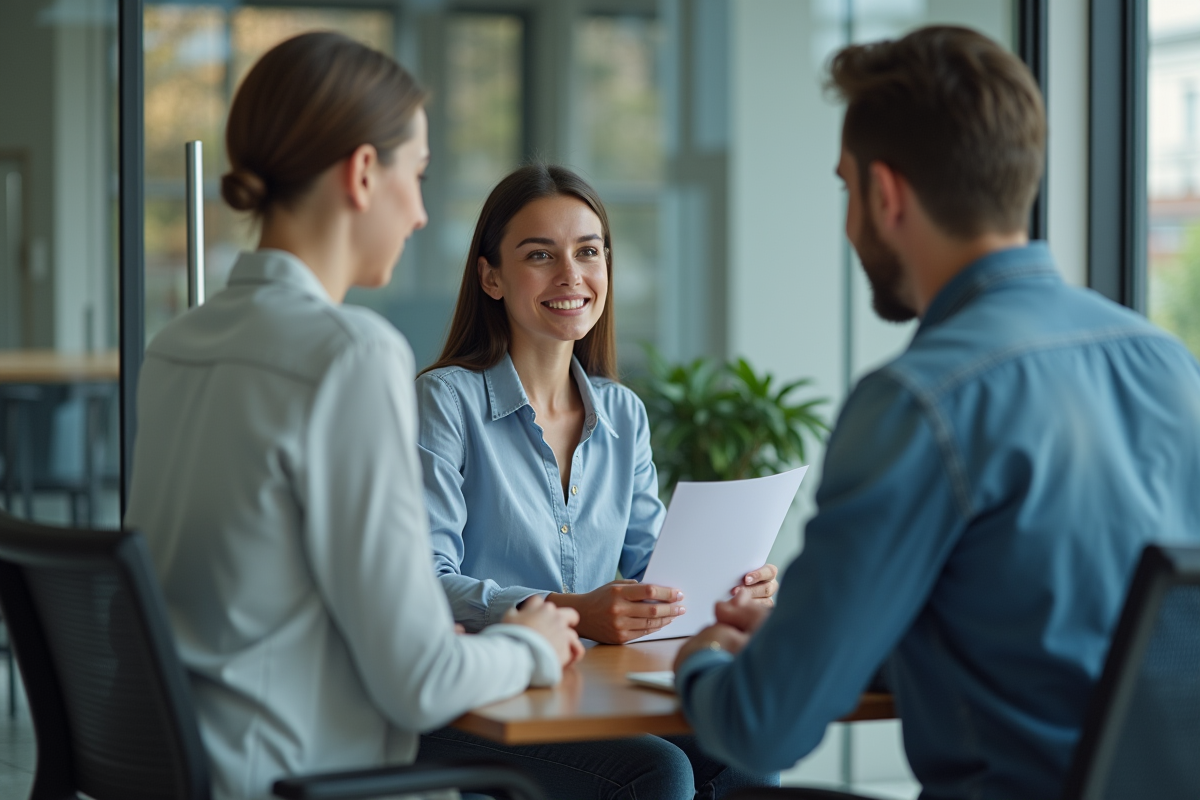 Femme jeune en entretien avec un conseiller bancaire