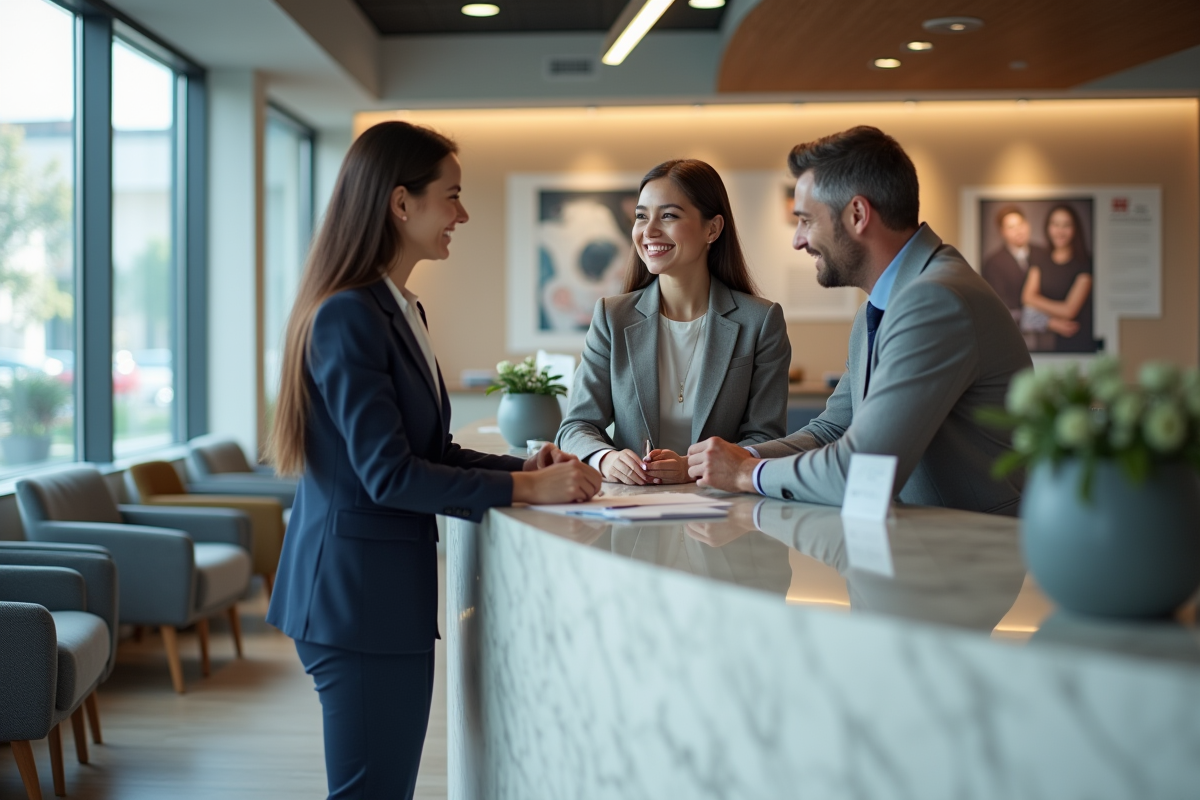 Jeune femme discutant avec un conseiller dans une agence bancaire lumineuse