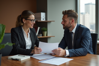 Femme en réunion avec un banquier dans un bureau professionnel