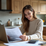 Femme souriante vérifiant ses documents de prêt immobilier