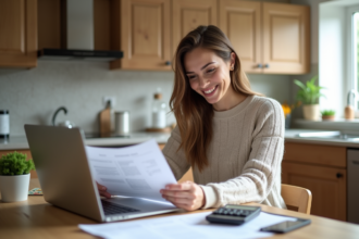 Femme souriante vérifiant ses documents de prêt immobilier