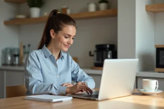 Femme assise à la cuisine avec ordinateur portable