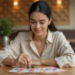 Femme examinant des billets et pièces de dirham émirati AED sur une table de café à Dubaï