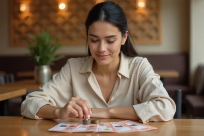 Femme examinant des billets et pièces de dirham émirati AED sur une table de café à Dubaï