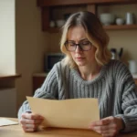 Femme consultant un ancien document bancaire La Poste Banque à son domicile pour retrouver son identifiant