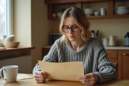 Femme consultant un ancien document bancaire La Poste Banque à son domicile pour retrouver son identifiant