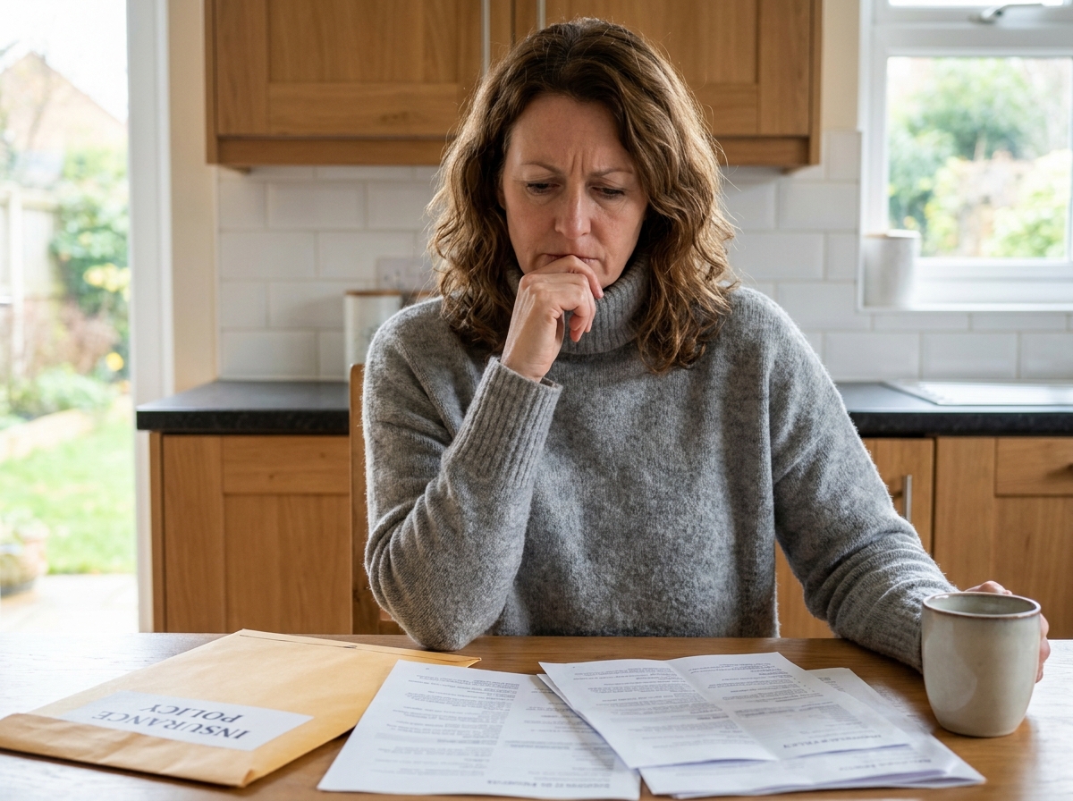 Femme consultant des documents d'assurance-vie à la maison, questionnement sur la transmission du capital aux bénéficiaires