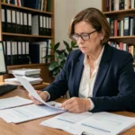 Femme consultant des documents juridiques liés à une procédure collective contre Intrum en 2026