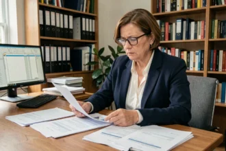 Femme consultant des documents juridiques liés à une procédure collective contre Intrum en 2026