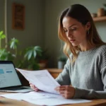 Femme consultant des documents de prêt immobilier à son domicile avec un salaire de 2200 euros brut