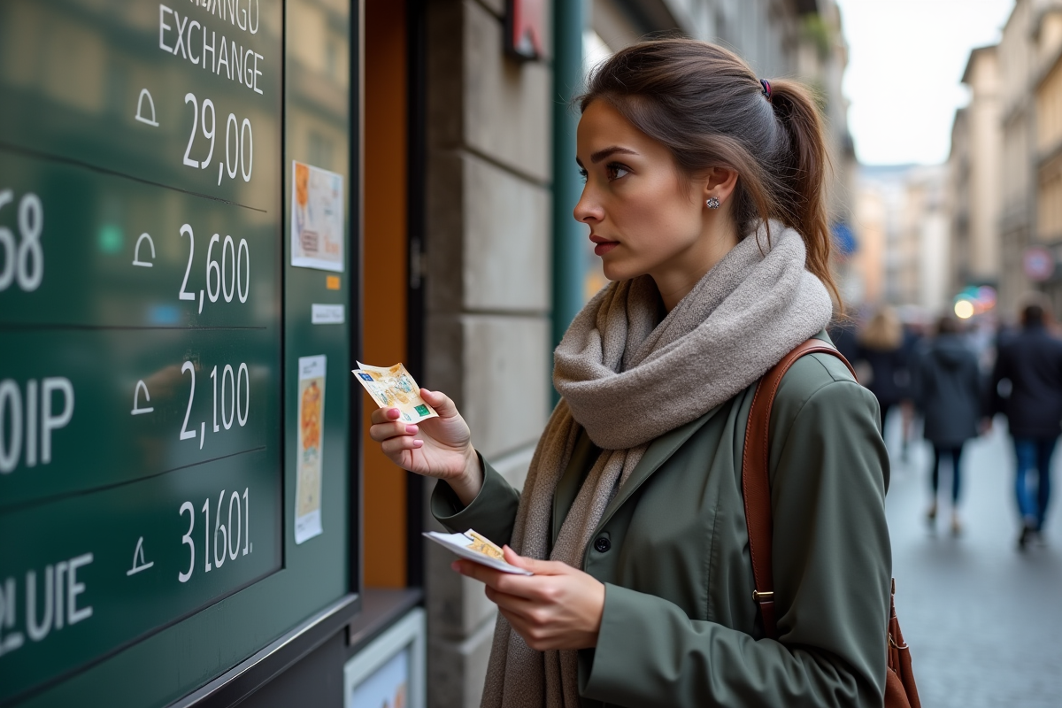 Jeune femme observant un tableau de change en extérieur